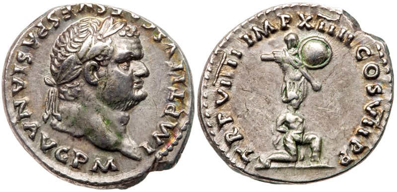 Titus. Silver Denarius (3.55 g), AD 79-81. Judaea Capta type. Rome, AD 79. IMP T...