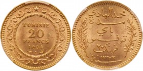 Tunisia. 20 Francs, AH1322 (1904-A). PCGS MS63