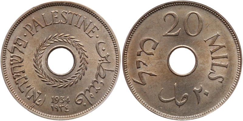 Palestine, 20 Mils, 1934. One of the key dates ? with only 125,000 made. Rarely ...