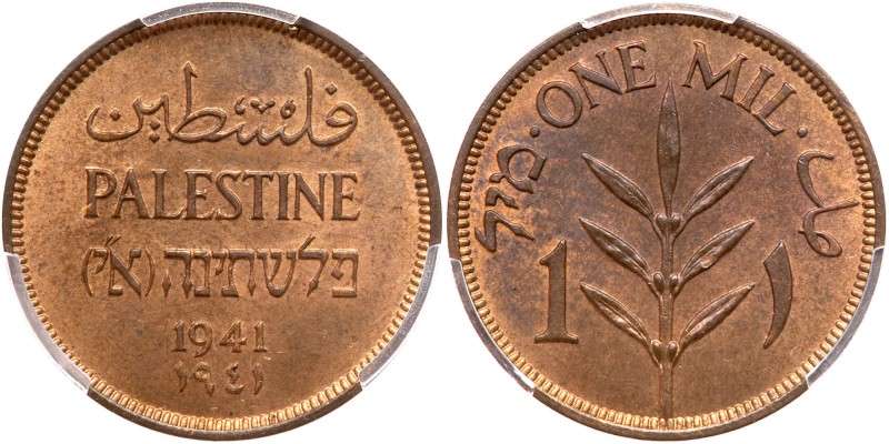 Palestine, 1 Mil, 1941. Exceptionally clean surfaces, mostly red with gentle nat...