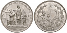 Esposizione di Torino - Medaglia 1884 - 53,00 grammi. Opus Speranza. Metallo bianco. Graffi.
SPL+
