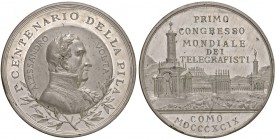 Alessandro Volta - Medaglia 1899 centenario della pila - 35,00 grammi. Opus Johnson. Metallo argentato. Colpetti al bordo.
SPL+