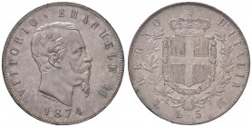 Milano - Vittorio Emanuele II (1861-1878) - 5 Lire 1874 - Gig. 48 C Colpetti.
SPL+