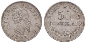 Milano - Vittorio Emanuele II (1861-1878) - 50 Centesimi 1863 - Gig. 76 C 
SPL
