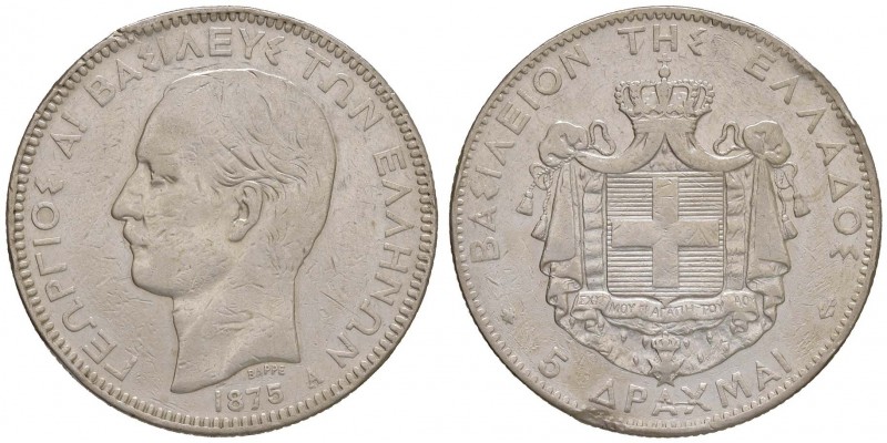 Grecia - Giorgio I (1863-1913) - 5 Dracme 1875 A - KR. 46 C Colpetti e segni.
M...