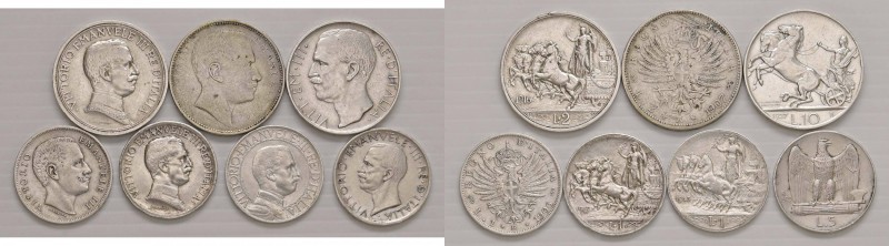 Lotto multiplo - 7 monete in argento di Vittorio Emanuele III Re d'Italia - Il 2...
