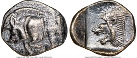 MYSIA. Cyzicus. Ca. 5th century BC. AR obol(?) (11mm, 12h). NGC Choice VF. Forepart of boar left, tunny upward behind / Head of roaring lion left with...