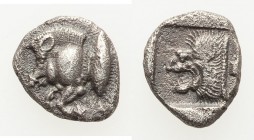 MYSIA. Cyzicus. Ca. 5th century BC. AR obol(?) (11mm, 1.14 gm, 2h). Choice VF. Forepart of boar left, tunny upward behind / Head of roaring lion left ...