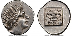CARIAN ISLANDS. Rhodes. Ca. 88-84 BC. AR drachm (16mm, 11h). NGC Choice AU. Plinthophoric standard, Erapora(s), magistrate. Radiate head of Helios rig...