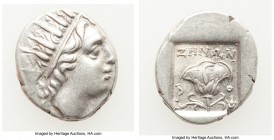 CARIAN ISLANDS. Rhodes. Ca. 88-84 BC. AR drachm (15mm, 2.52 gm, 12h). About XF. Plinthophoric standard, Zenon, magistrate. Radiate head of Helios righ...