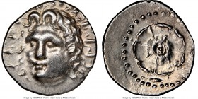 CARIAN ISLANDS. Rhodes. Ca. 84-30 BC. AR drachm (18mm, 4.02 gm, 5h). NGC AU 4/5 - 4/5 Radiate head of Helios facing, turned slightly left, hair parted...