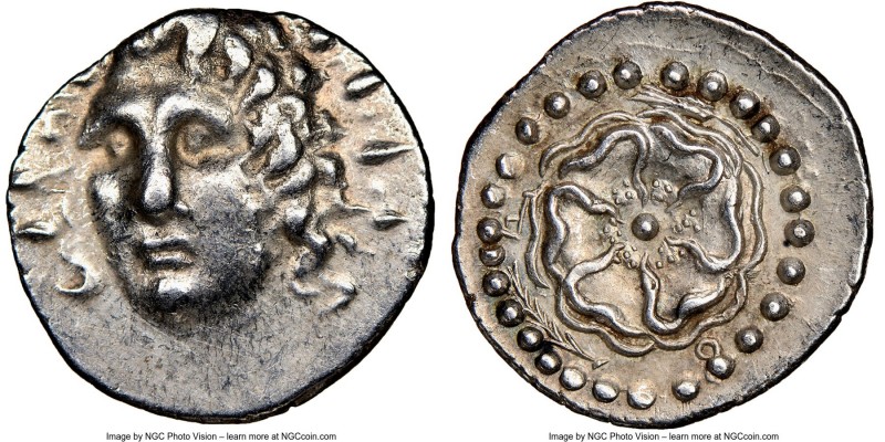 CARIAN ISLANDS. Rhodes. Ca. 84-30 BC. AR drachm (19mm, 6h). NGC XF. Radiate head...