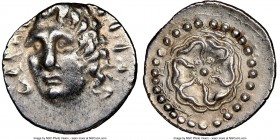 CARIAN ISLANDS. Rhodes. Ca. 84-30 BC. AR drachm (19mm, 6h). NGC XF. Radiate head of Helios facing, turned slightly left, hair parted in center and swe...