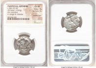 PAMPHYLIA. Aspendus. Ca. 380-325 BC. AR stater (22mm, 10.83 gm, 5h). NGC Choice XF 4/5 - 4/5, countermark. Two wrestlers grappling; FИ between, dotted...