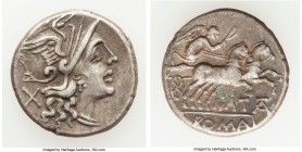 Pinarius Natta (ca. 149 BC). AR denarius (18mm, 3.26 gm, 7h). VF. Rome. Head of Roma right, wearing pendant earring, necklace and helmet decorated wit...