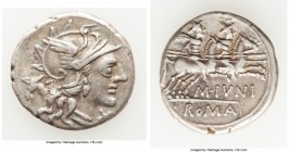 M. Junius Silanus (145 BC). AR denarius (19mm, 3.76 gm, 8h). VF. Rome. Head of Roma right, wearing winged helmet surmounted by griffin crest; X (mark ...