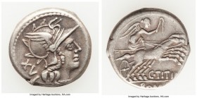 C. Titinius (ca. 141 BC). AR denarius (18mm, 3.80 gm, 2h). VF. Rome. Head of Roma right, wearing winged helmet decorated with griffin crest, XVI (mark...