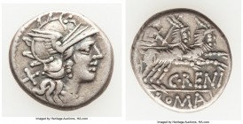 C. Renius (138 BC). AR denarius (18mm, 3.60 gm, 9h). VF. Rome. Head of Roma right, wearing winged helmet decorated with griffin crest, mark of value X...