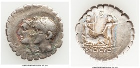 C. Sulpicius C.f. Galba (106 BC). AR denarius serratus (20mm, 3.98 gm, 10h). VF. Rome. D P P below conjoined laureate heads of the Dei Penates left / ...