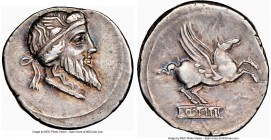 Q. Titius (90 BC). AR denarius (19mm, 9h). NGC XF. Rome. Head of Mutinus Titinus right, hair bound with winged diadem / Q. TITI on inscribed tablet fr...