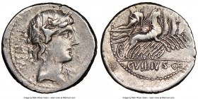 C. Vibius C. f. Pansa (ca. 90 BC). AR denarius (20mm, 5h). NGC Choice VF. Rome. PANSA, laureate head of Apollo right with flowing hair; uncertain symb...