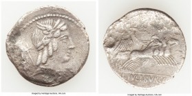 L. Julius Bursio (ca. 85 BC). AR denarius (21mm, 3.76 gm, 5h). VF, bent, flan flaws. Rome. Laureate, winged, draped bust of Apollo Vejovis right; trid...