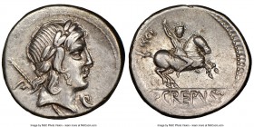 Pub. Crepusius (82 BC). AR denarius (18mm, 6h). NGC XF. Rome. Laureate head of Apollo right, with scepter over shoulder; P behind; lituus below chin /...