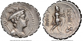 C. Mamilius Limetanus (ca. 82 BC). AR serratus denarius (20mm, 7h). NGC Choice VF. Rome. Draped bust of Mercury right, wearing winged petasus, caduceu...