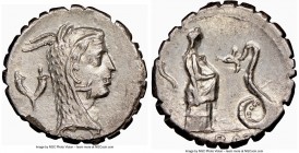 L. Roscius Fabatus (64/59 BC). AR serratus denarius (17mm, 7h). NGC Choice XF, edge chip. Rome. L ROSCI, head of Juno Sospita right, wearing goat-skin...