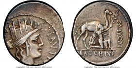 A. Plautius Hypsaeus (ca. 55 BC), AR denarius (17mm, 11h). NGC Choice VF, bankers mark. A•PLAVTIVS-AED•CVR•S•C, turreted head of Cybele right / IVDAEV...