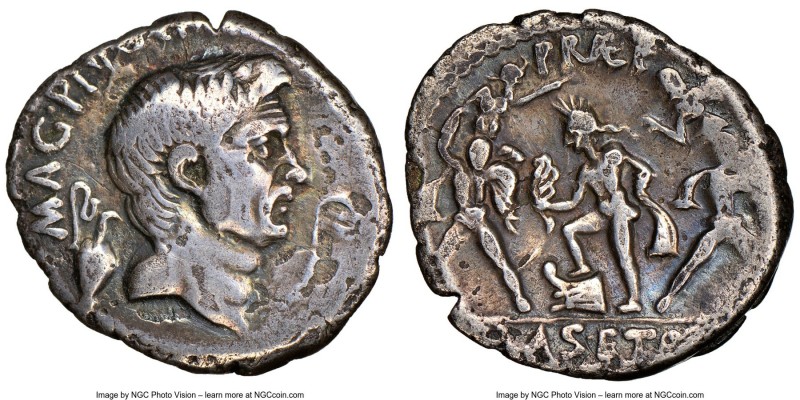Pompey Magnus (died 48 BC). AR denarius (18mm, 4h). NGC Choice Fine, edge chip. ...