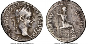 Tiberius (AD 14-37). AR denarius (18mm, 8h). NGC Fine. Lugdunum, ca. AD 15-18. TI CAESAR DIVI-AVG F AVGVSTVS, laureate head of Tiberius right / PONTIF...