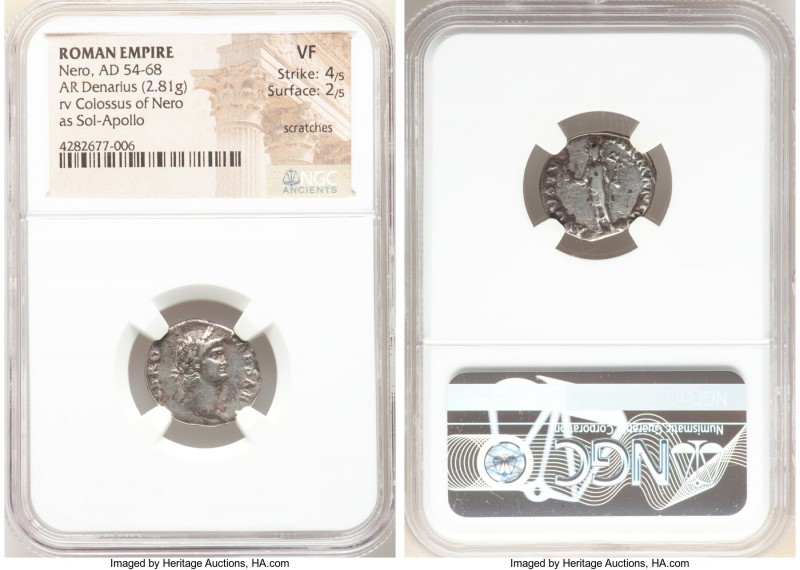 Nero (AD 54-68). AR denarius (17mm, 2.81 gm, 6h). NGC VF 4/5 - 2/5, scratches. R...