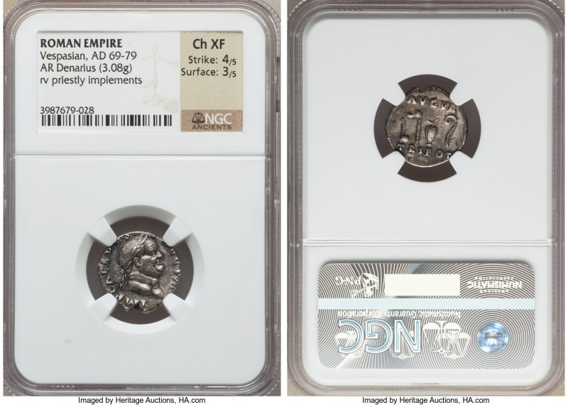 Vespasian (AD 69-79). AR denarius (17mm, 3.08 gm, 7h). NGC Choice XF 4/5 - 3/5. ...