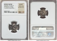 Vespasian (AD 69-79). AR denarius (17mm, 3.08 gm, 7h). NGC Choice XF 4/5 - 3/5. Rome, AD 72-73. IMP CAES VESP A-VG P M COS IIII, laureate head of Vesp...