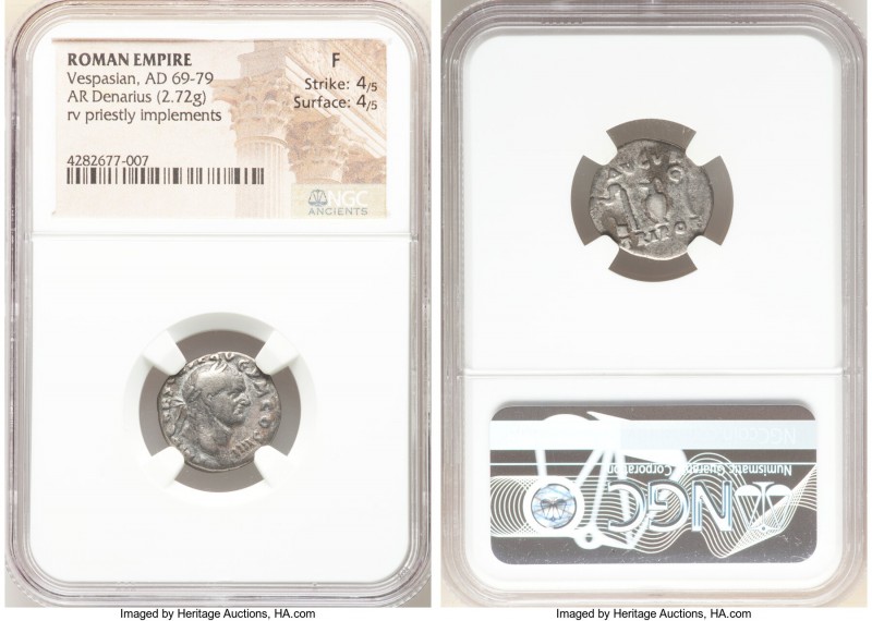 Vespasian (AD 69-79). AR denarius (17mm, 2.72 gm, 5h). NGC Fine 4/5 - 4/5. Rome,...