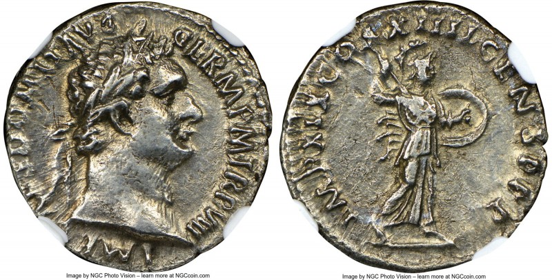 Domitian (AD 81-96). AR denarius (18mm, 3.19 gm, 6h). NGC AU 5/5 - 3/5. Rome, 14...