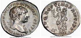 Trajan (AD 98-117). AR denarius (18mm, 6h). NGC Choice AU, scratch. Rome, ca. AD 104-107. IMP TRAIANO AVG GER DAC P M TR P COS V P P, laureate head of...