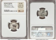 Trajan (AD 98-117). AR denarius (19mm, 3.74 gm, 7h). NGC Choice AU 5/5 - 3/5, Fine Style. Rome, AD 114-117. IMP CAES NER TRAIAN OPTIM AVG GER DAC PART...