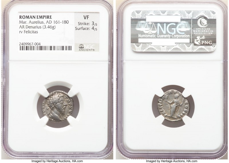 Marcus Aurelius (AD 161-180). AR denarius (17mm, 3.46 gm, 1h). NGC VF 3/5 - 4/5....