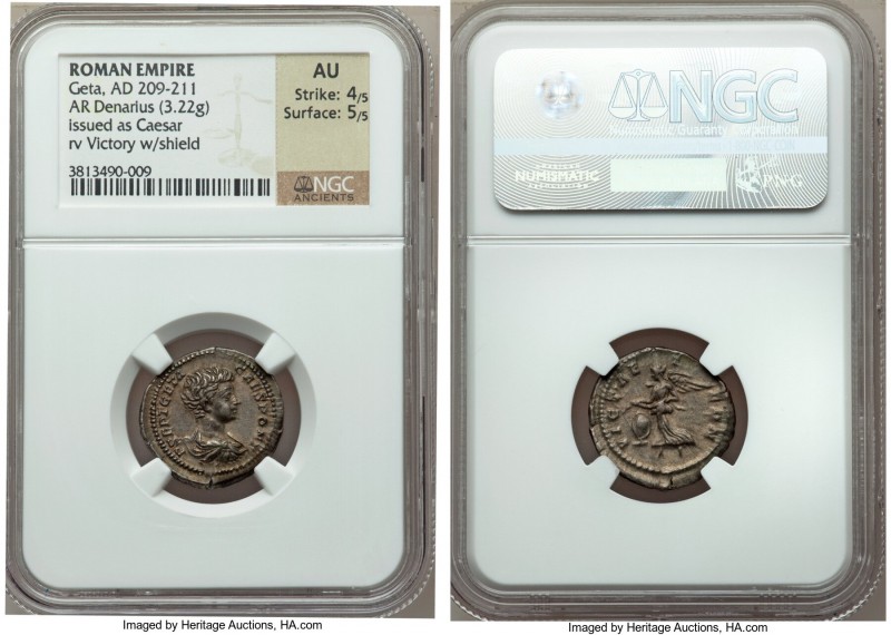 Geta, as Caesar (AD 209-211). AR denarius (20mm, 3.22 gm, 12h). NGC AU 4/5 - 5/5...