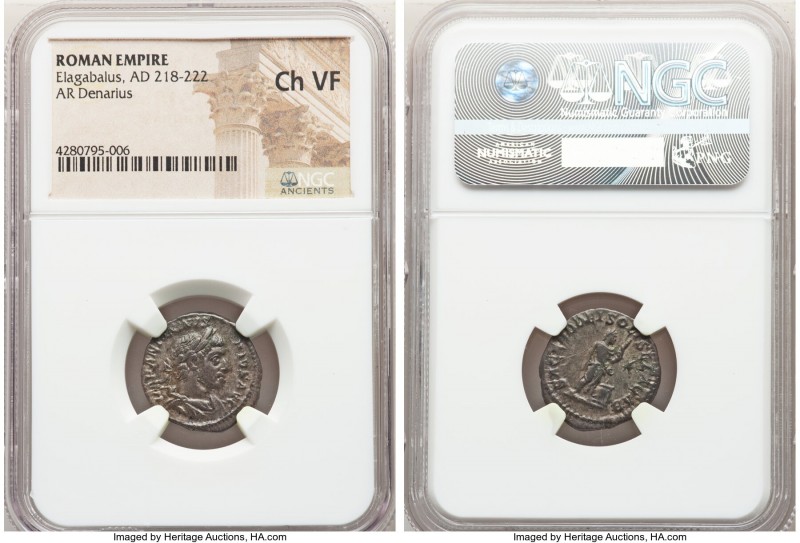 Elagabalus (AD 218-222). AR denarius (19mm, 1h), NGC Choice VF. Rome. IMP ANTONI...