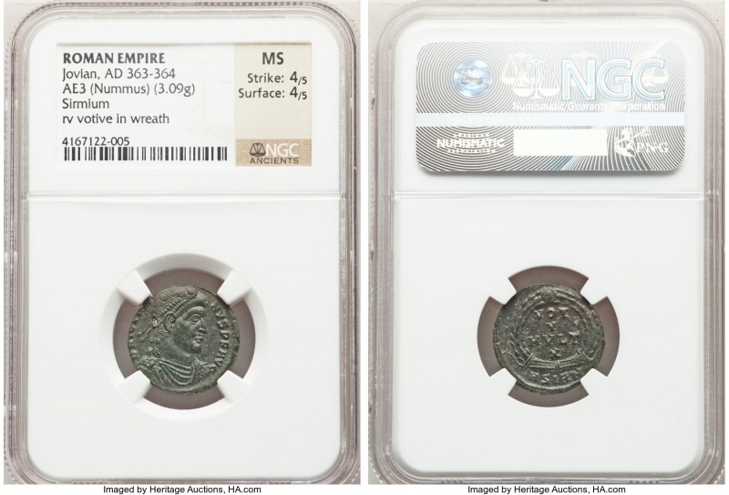 Jovian (AD 363-364). AE3 or nummus (19mm, 3.09 gm, 12h). NGC MS 4/5 - 4/5. Sirmi...