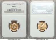 George V gold 1/2 Sovereign 1915-S MS65 NGC, Sydney mint, KM28. At essentially the highest grade level for this type within either PCGS or NGC's datab...