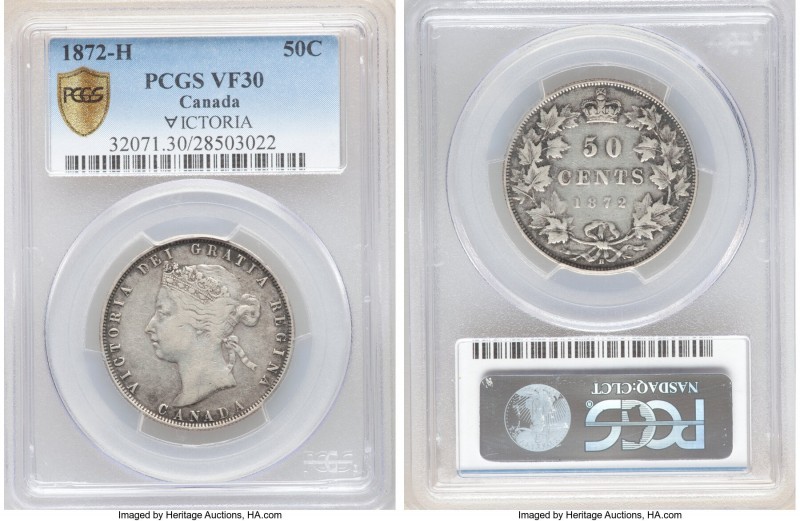 Victoria "Inverted A/V" 50 Cents 1872-H VF30 PCGS, Heaton mint, KM6. Variety wit...