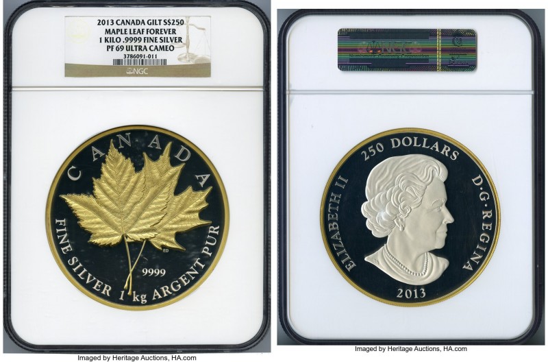 Elizabeth II gilt silver Proof "Maple Leaf" 250 Dollars (1 Kilo) 2013 PR69 Ultra...