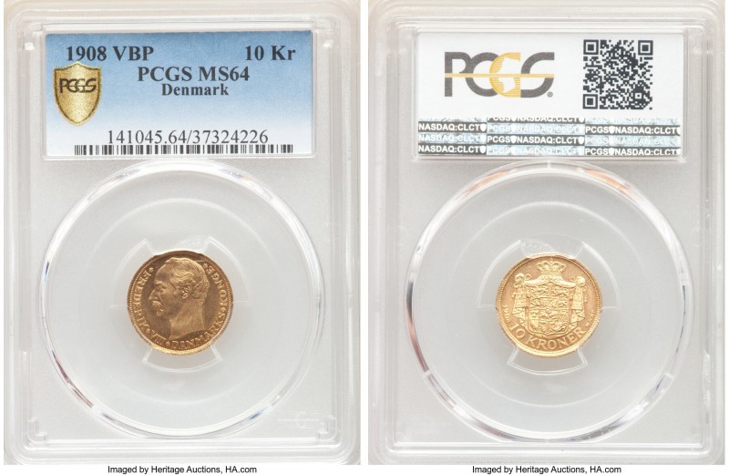 Frederik VIII gold 10 Kroner 1908 VBP-GJ MS64 PCGS, Copenhagen mint, KM809. Two ...