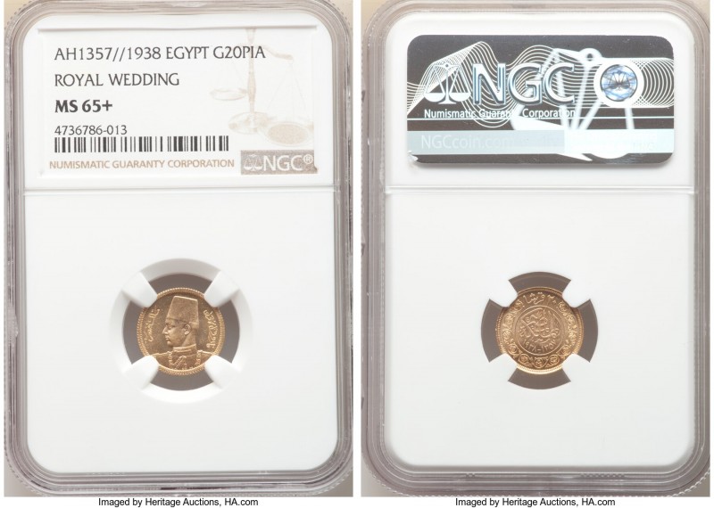 Farouk gold "Royal Wedding" 20 Piastres AH 1357 (1938) MS65+ NGC, British Royal ...