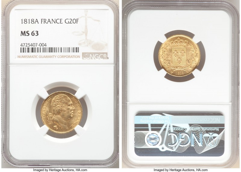 Louis XVIII gold 20 Francs 1818-A MS63 NGC, Paris mint, KM712.1.

HID098012420...