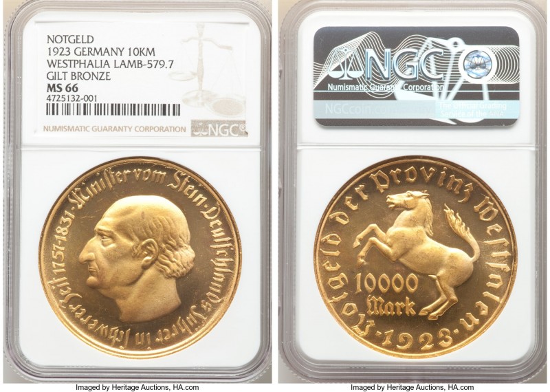 Westphalia gilt-bronze Notgeld 10000 Mark 1923 MS66 NGC, Lamb-579.7. 

HID0980...